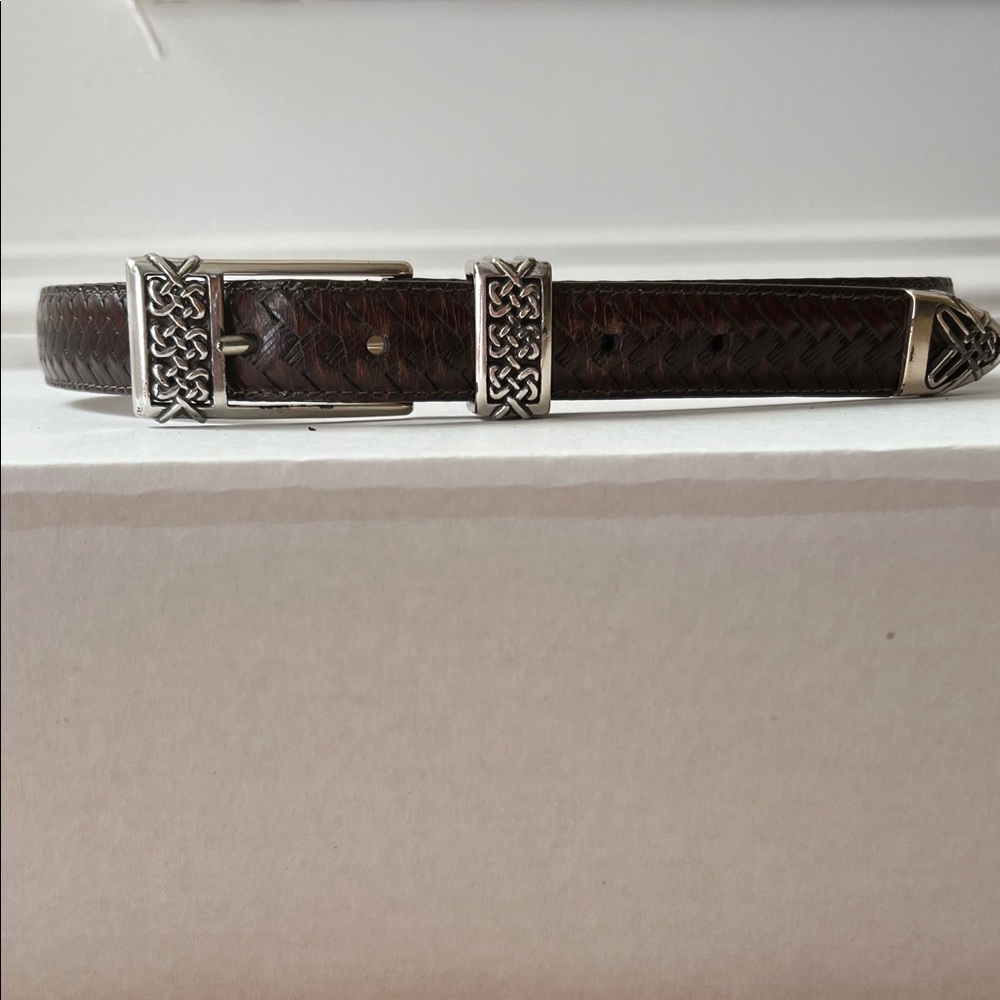 Brighton Dark Brown Herringbone Leather Belt with Silver Accents